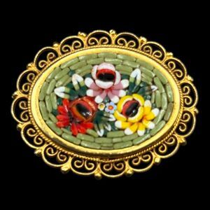 VTG Italian Floral Mosaic Gold Tone Filagree Brooch Pin C Clasp Mom Victorian
